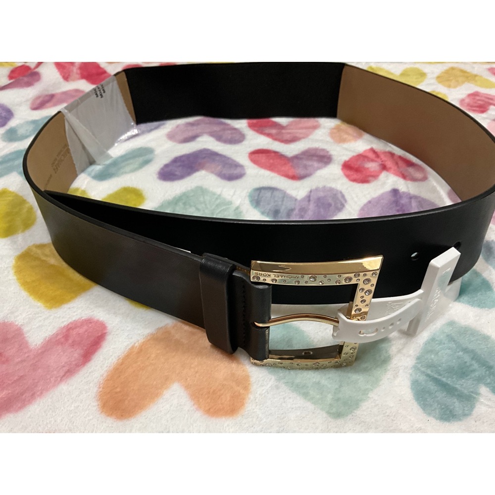 Michael Kors Women Black Leather Gold Crystal Buckle Fashion Belt